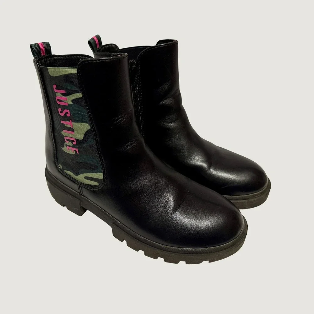 Justice Girls Black Camo Combat Boots Pink Logo Side Zip Lug Sole Size 4
